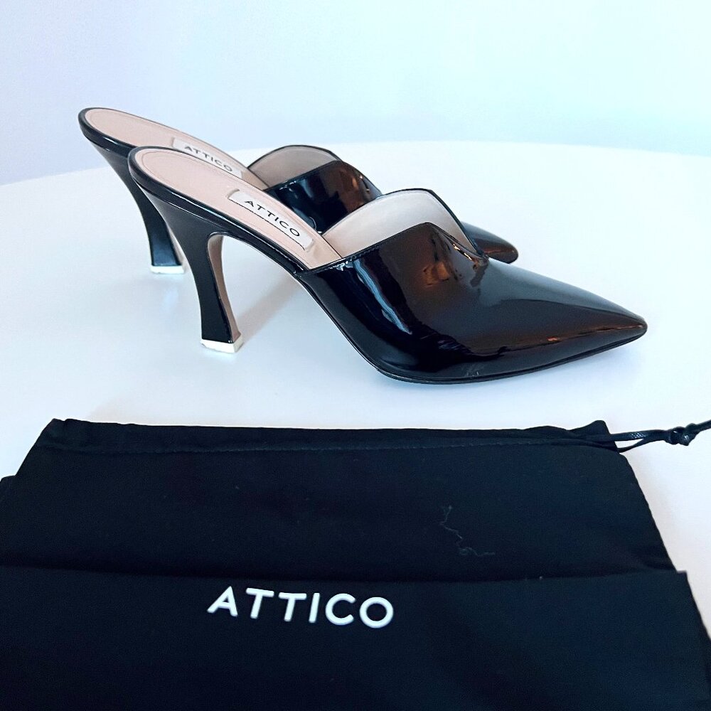 THE ATTICO Monica Black Patent Leather Mules — IT 39 / US 8.5–9